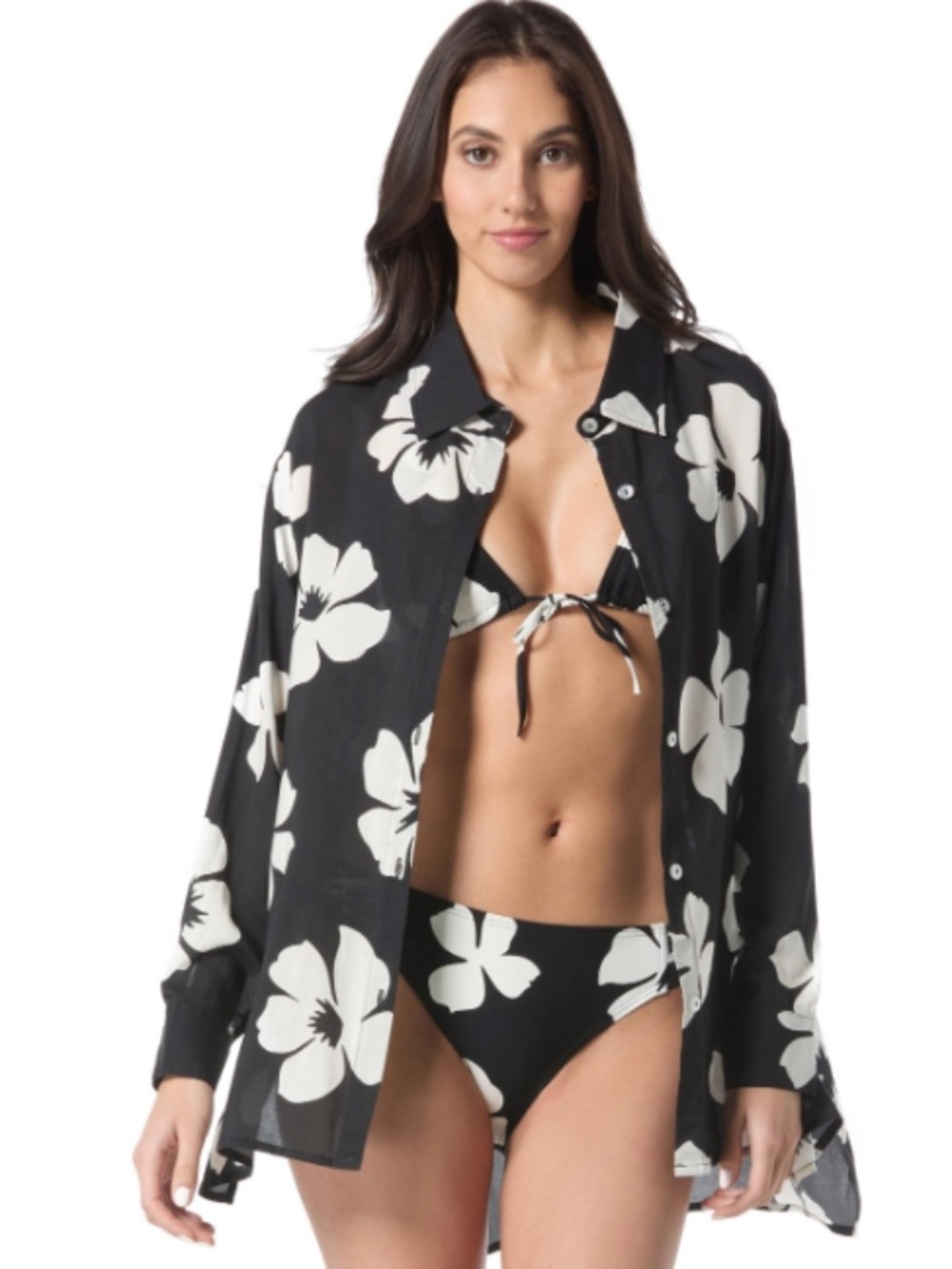 Vince Camuto Women's Floral-Print Rayon Cover-up Shirt Black Size M 8499